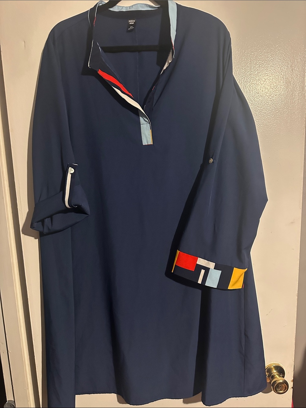SHEIN Navy Tunic with Multicolor Geometric Cuff Detail